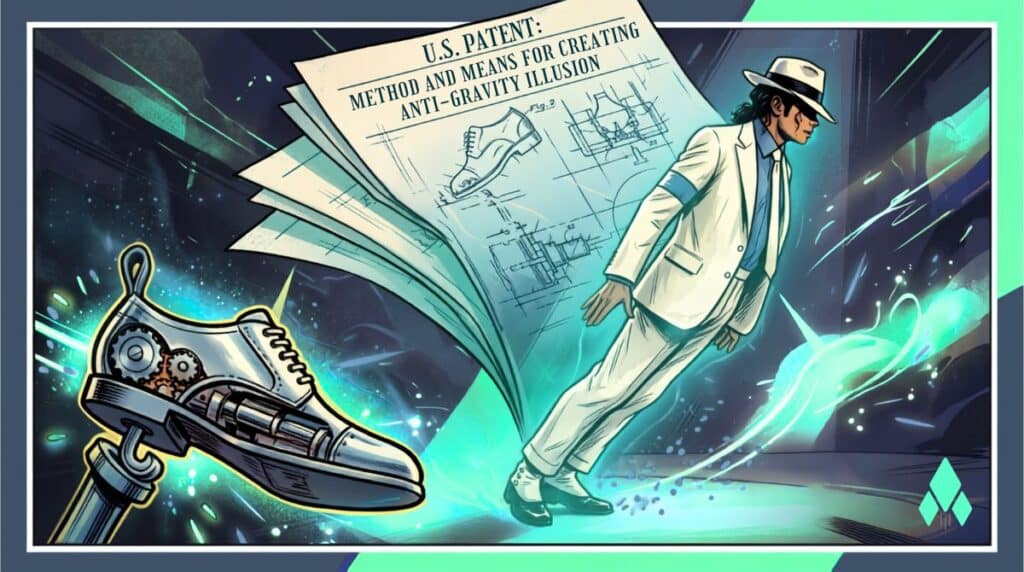 Ilustração estilizada de Michael Jackson fazendo o passo Smooth Criminal ao lado de um documento de patente e um sapato tecnológico, nas cores verde-água e cinza escuro.